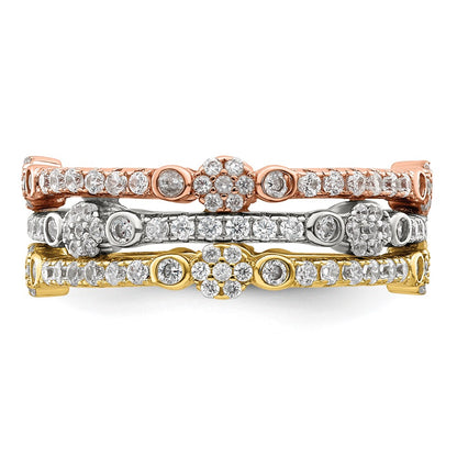 Sterling Silver Rose & Gold Tone Eternity Cz 3 Band Set
