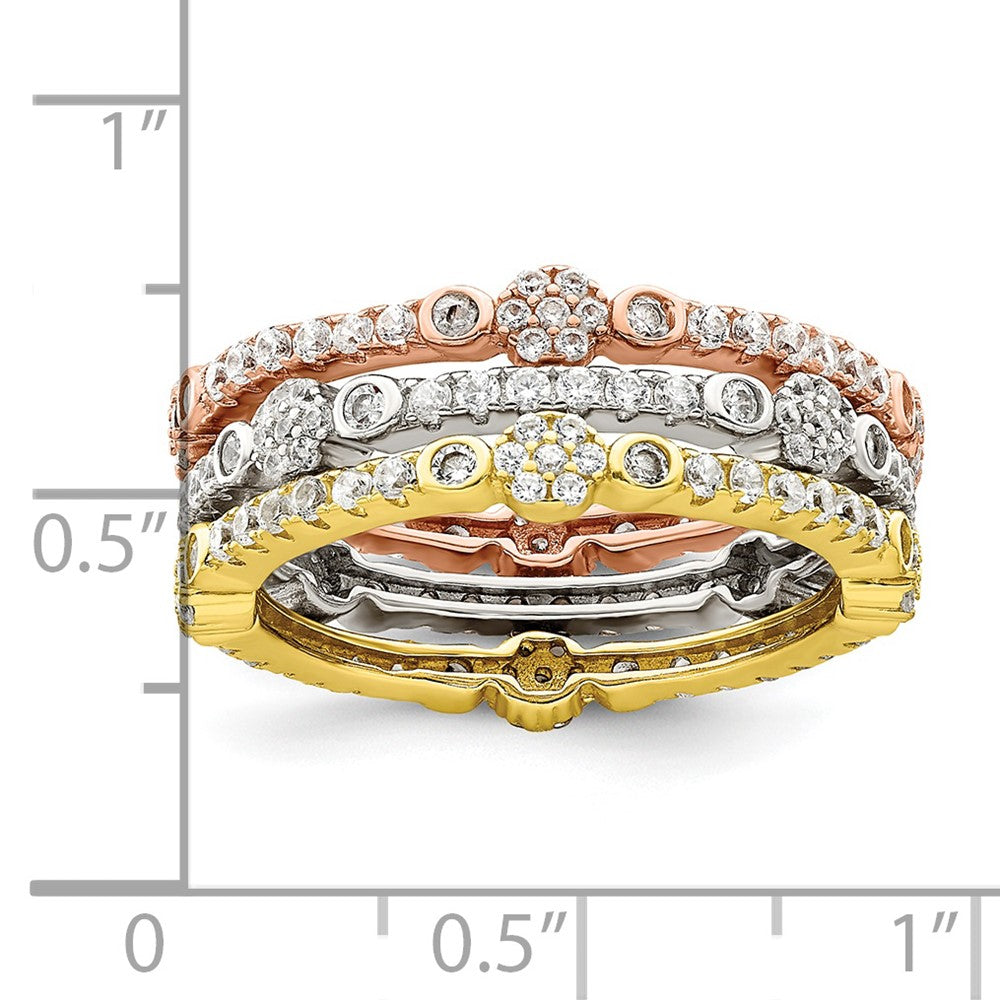 Sterling Silver Rose & Gold Tone Eternity Cz 3 Band Set