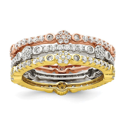 Sterling Silver Rose & Gold Tone Eternity Cz 3 Band Set
