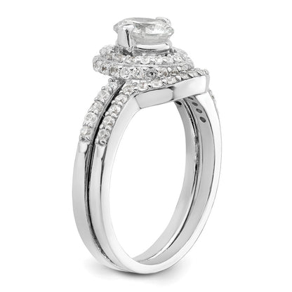 Sterling Silver Rhodium Plated Cz Halo Engagement Ring & Band Set