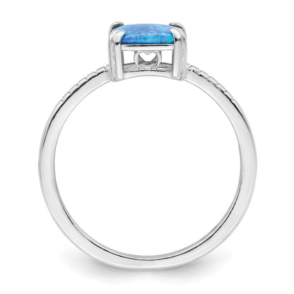 Sterling Silver Rhodium Plated Polished Square Blue Created Opal Ring