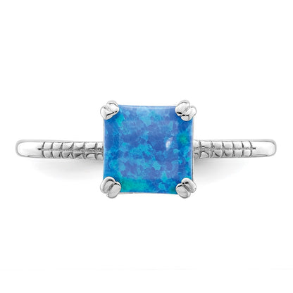 Sterling Silver Rhodium Plated Polished Square Blue Created Opal Ring