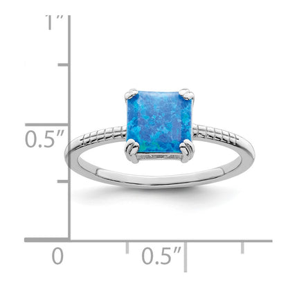 Sterling Silver Rhodium Plated Polished Square Blue Created Opal Ring