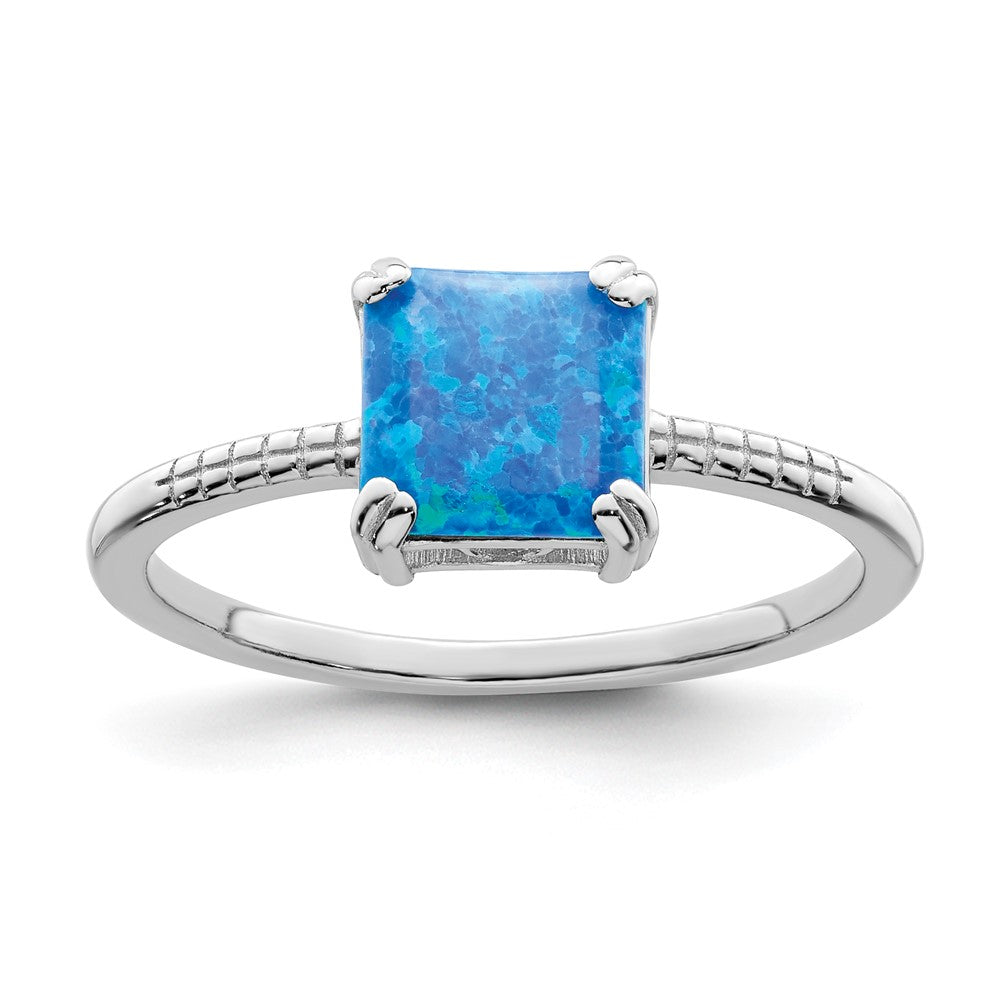Sterling Silver Rhodium Plated Polished Square Blue Created Opal Ring