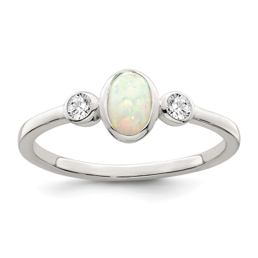 Sterling Silver Polished Cz And White Created Opal Ring