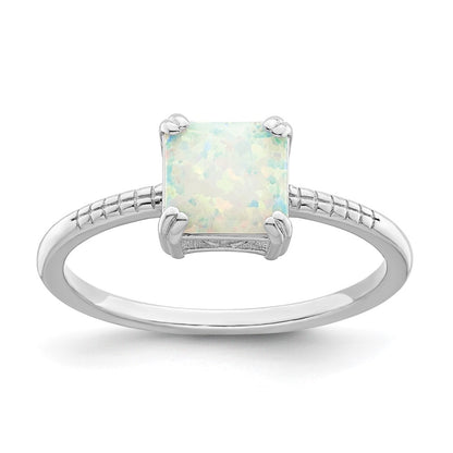 Sterling Silver Rhodium Plated Polished Square White Created Opal Ring