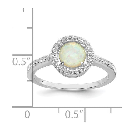Sterling Silver Rhodium Plated Polished White Created Opal Cz Halo Ring