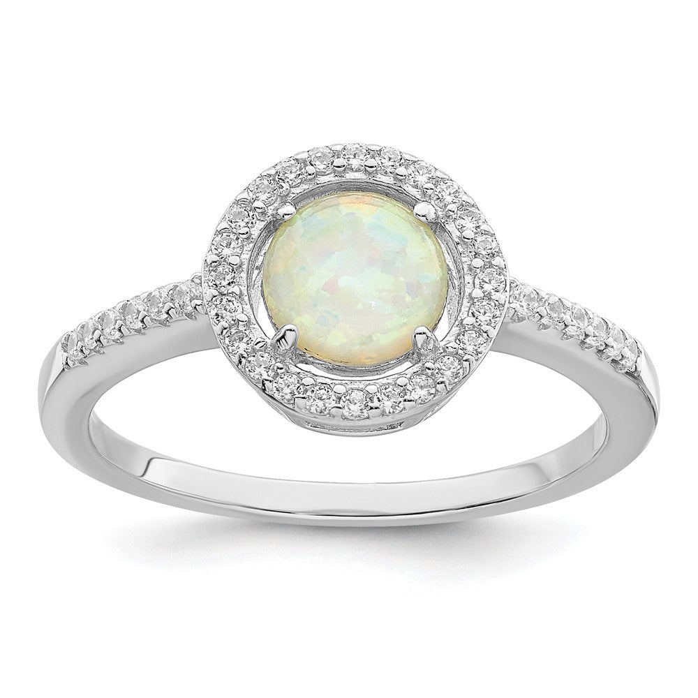 Sterling Silver Rhodium Plated Polished White Created Opal Cz Halo Ring