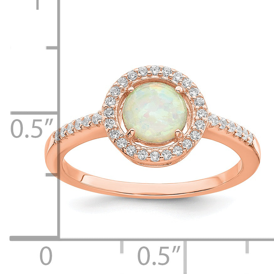 Sterling Silver Rose Tone White Created Opal Cz Halo Ring (Size 6 Only)