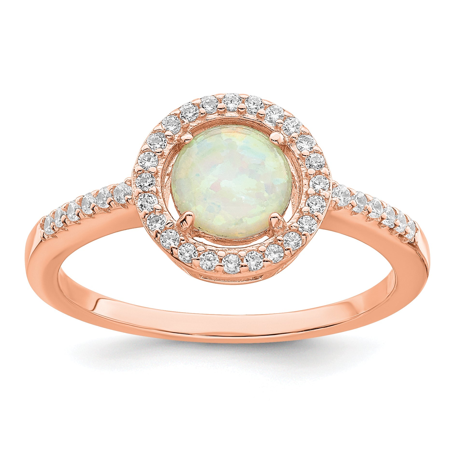 Sterling Silver Rose Tone White Created Opal Cz Halo Ring (Size 6 Only)