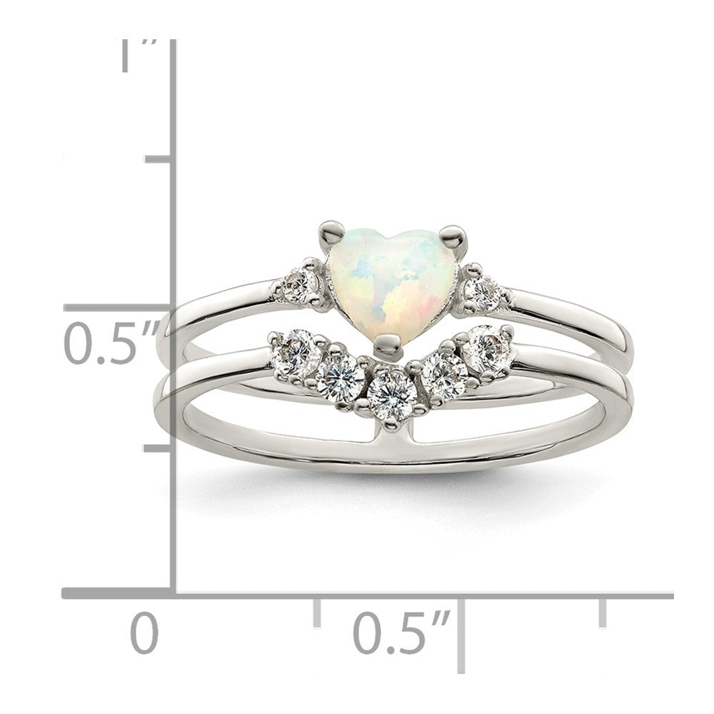 Sterling Silver Cz & Heart Created White Opal Double Band Ring