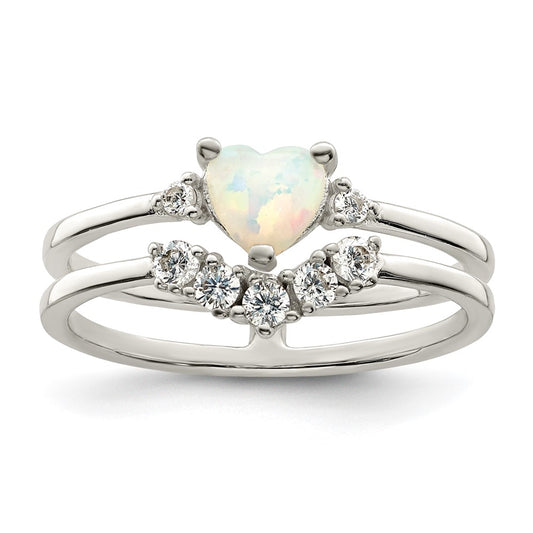 Sterling Silver Cz & Heart Created White Opal Double Band Ring