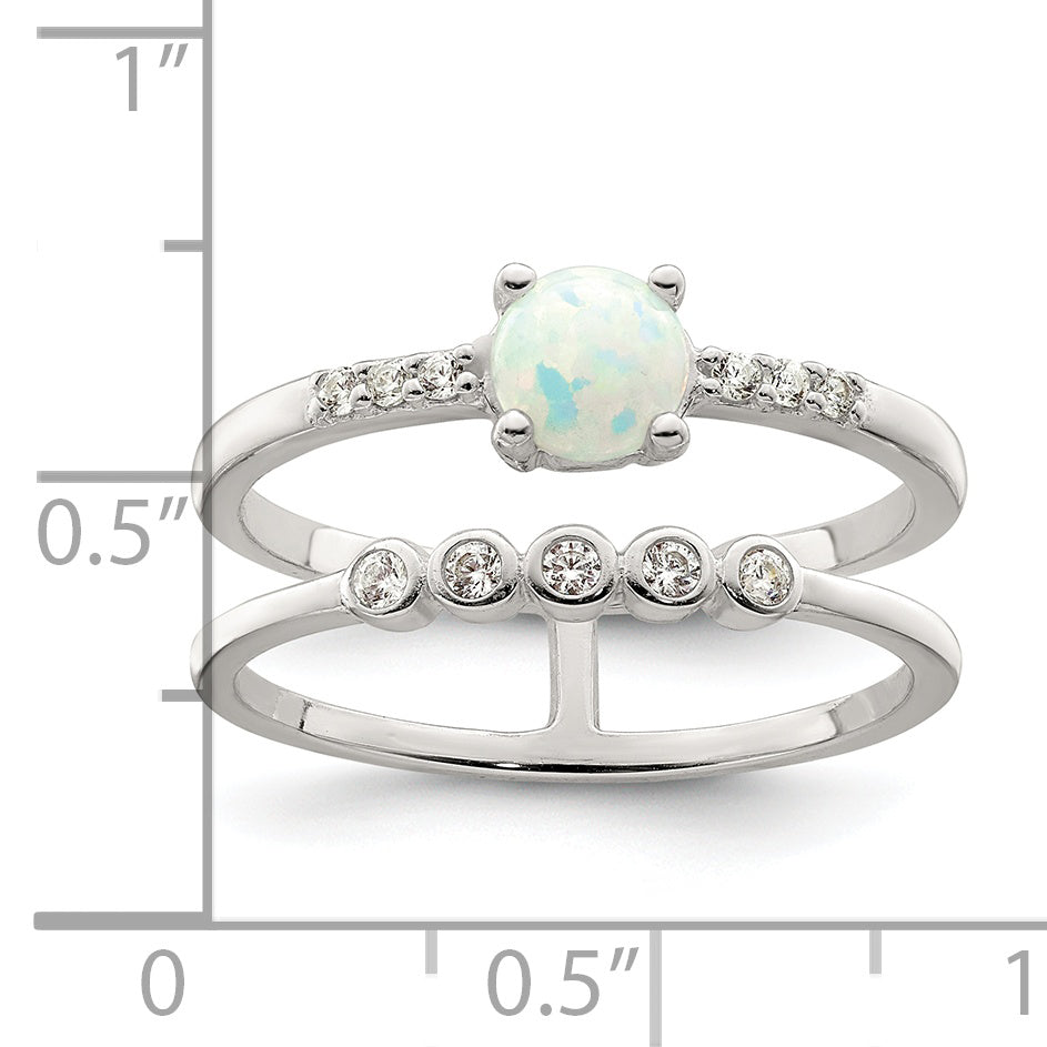 Sterling Silver Cz And Created White Opal Double Band Ring (Size 7 Only)