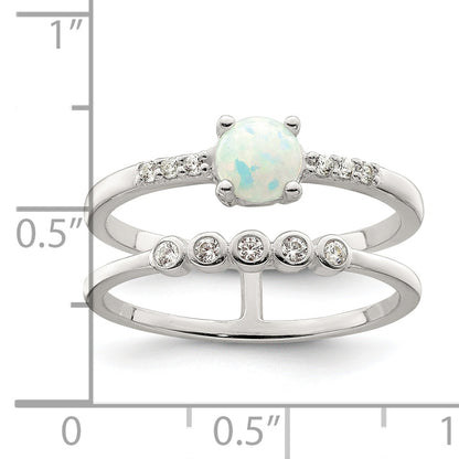 Sterling Silver Cz And Created White Opal Double Band Ring (Size 7 Only)