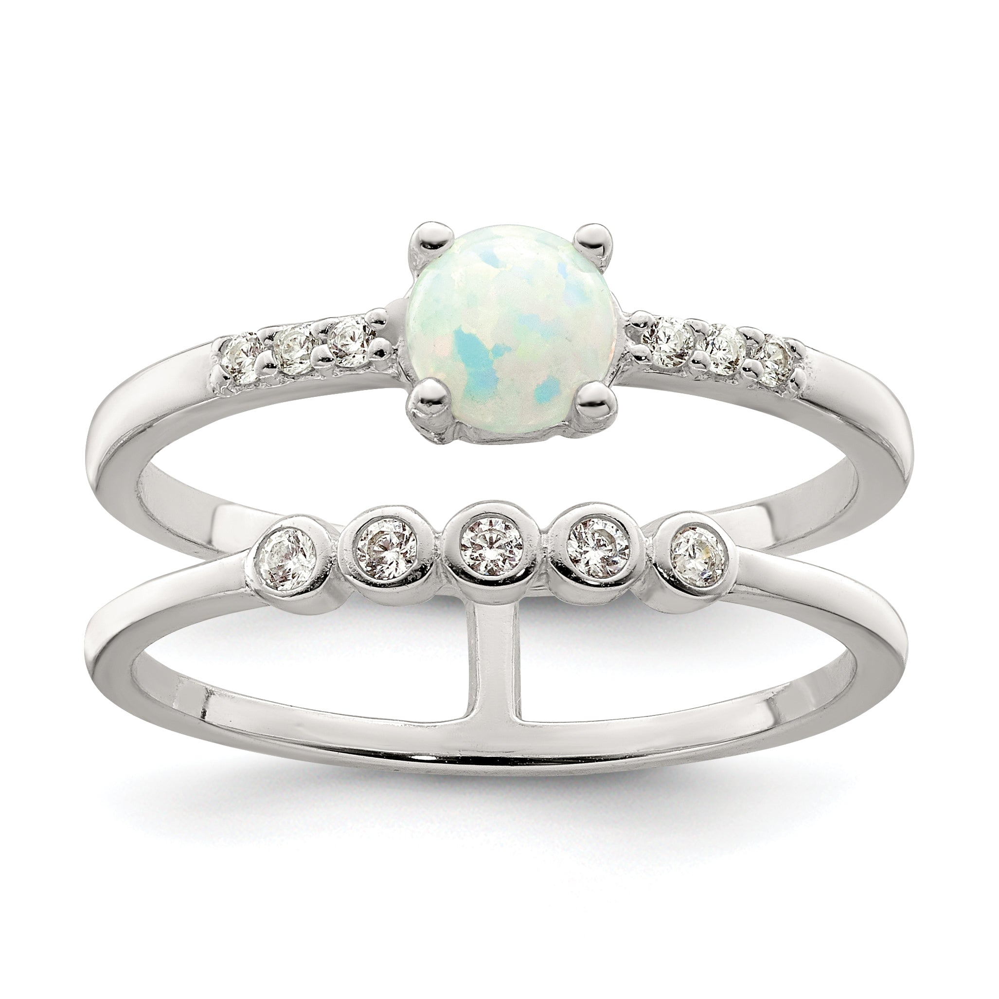 Sterling Silver Cz And Created White Opal Double Band Ring (Size 7 Only)