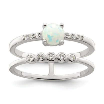 Sterling Silver Cz And Created White Opal Double Band Ring (Size 7 Only)