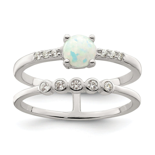 Sterling Silver Cz And Created White Opal Double Band Ring (Size 7 Only)
