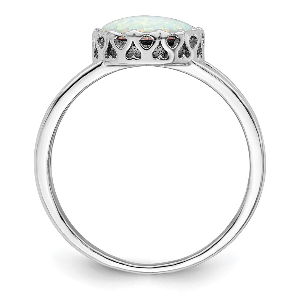Sterling Silver Rhodium Plated Round White Created Opal Inlay Ring