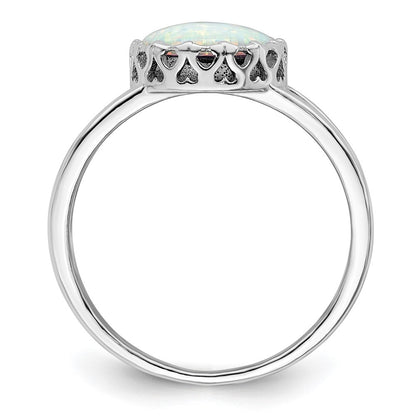 Sterling Silver Rhodium Plated Round White Created Opal Inlay Ring