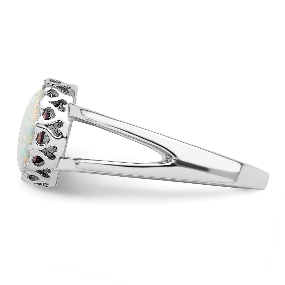 Sterling Silver Rhodium Plated Round White Created Opal Inlay Ring