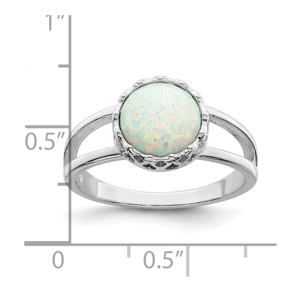 Sterling Silver Rhodium Plated Round White Created Opal Inlay Ring