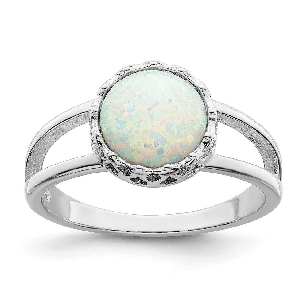 Sterling Silver Rhodium Plated Round White Created Opal Inlay Ring