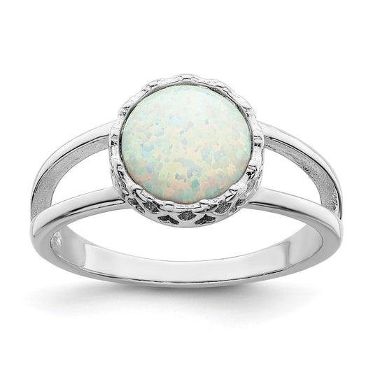 Sterling Silver Rhodium Plated Round White Created Opal Inlay Ring