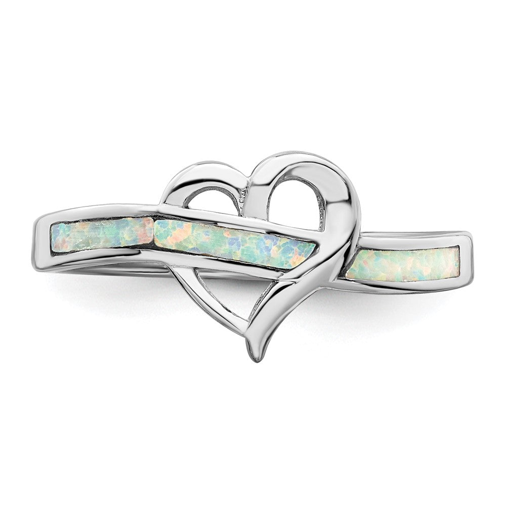 Sterling Silver Rhodium Plated White Created Opal Inlay Heart Ring