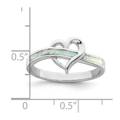 Sterling Silver Rhodium Plated White Created Opal Inlay Heart Ring