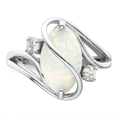 Sterling Silver Rhodium Plated White Created Opal & Cz Twist Ring