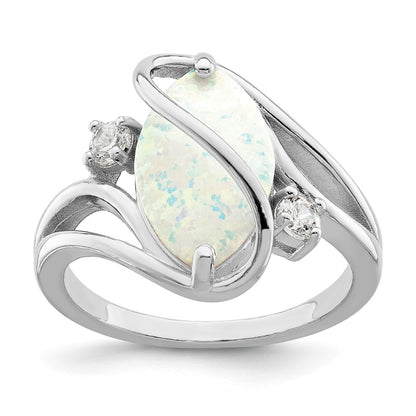 Sterling Silver Rhodium Plated White Created Opal & Cz Twist Ring