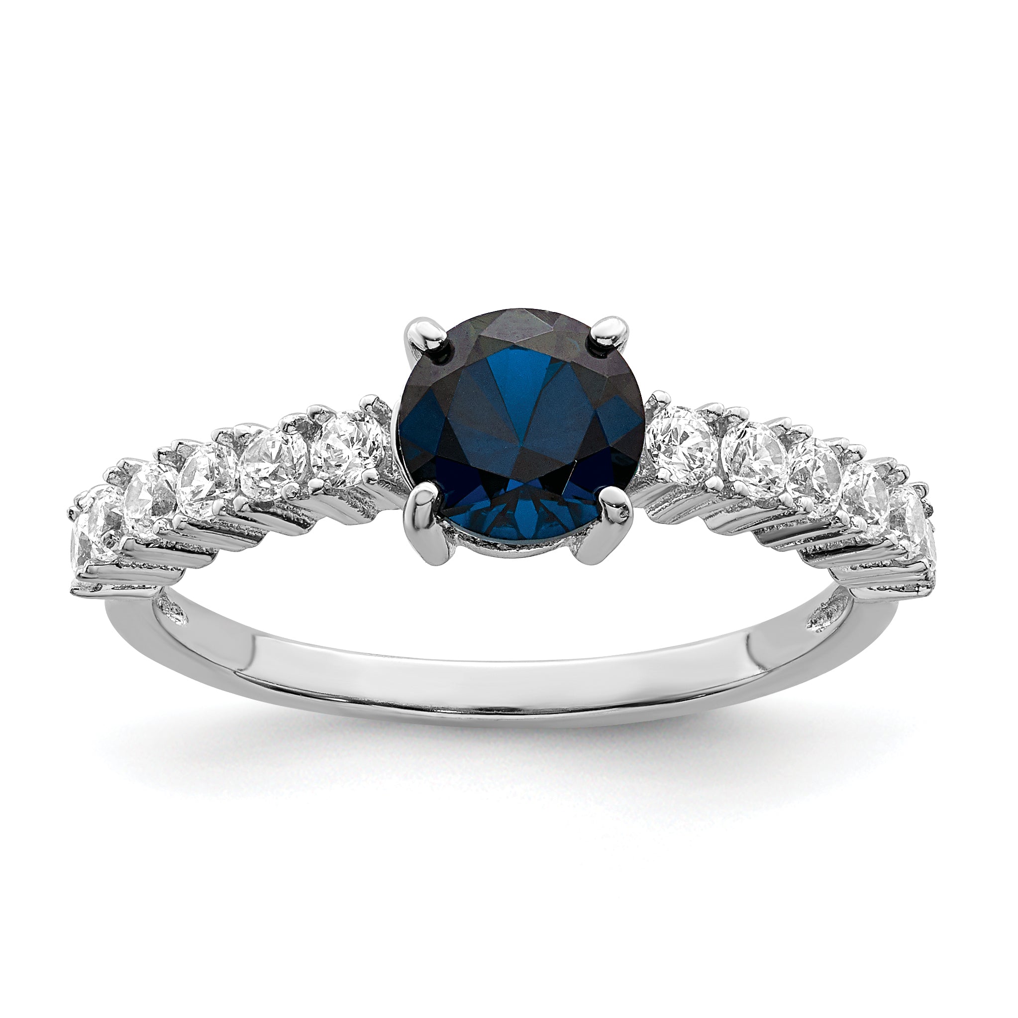 Sterling Silver Polished Rhodium Plated Cr. Blue Spinel And Cz Ring (Size 6 Only)