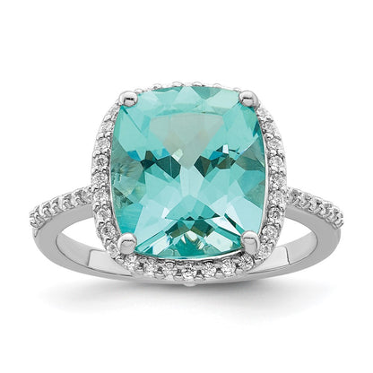 Sterling Silver Rhodium Plated Light Blue Crystal Cz Halo Ring