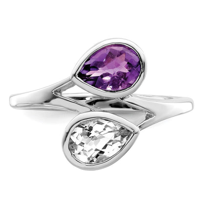 Sterling Silver Rhodium Plated Pear Shape Amethyst & White Topaz Ring