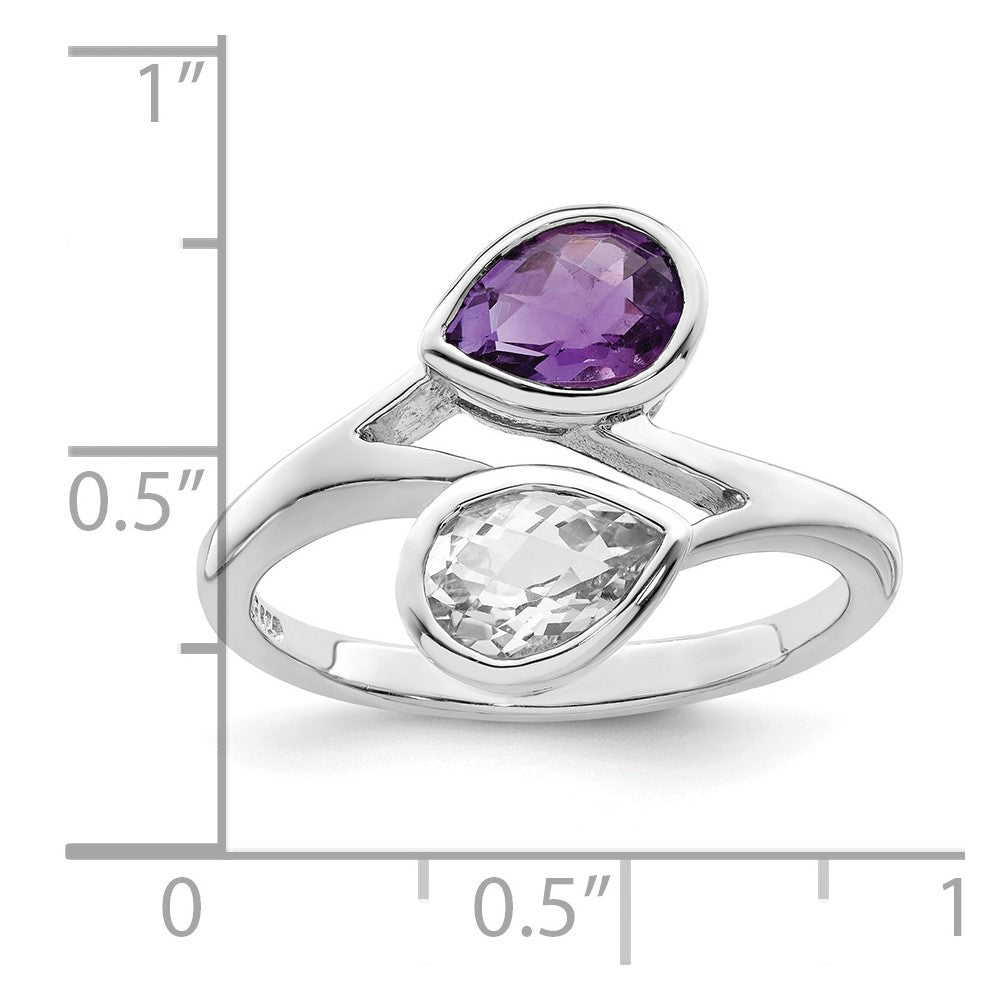 Sterling Silver Rhodium Plated Pear Shape Amethyst & White Topaz Ring
