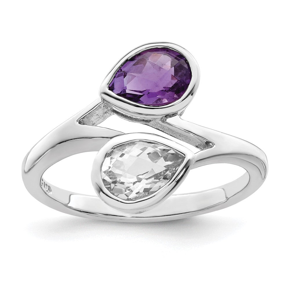 Sterling Silver Rhodium Plated Pear Shape Amethyst & White Topaz Ring