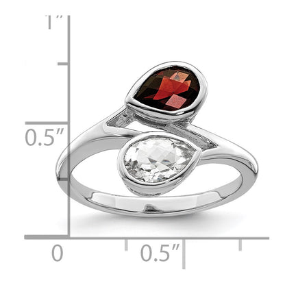 Sterling Silver Rhodium Plated Polished Garnet & White Topaz Bypass Ring