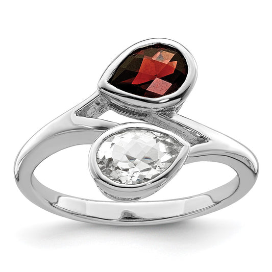 Sterling Silver Rhodium Plated Polished Garnet & White Topaz Bypass Ring