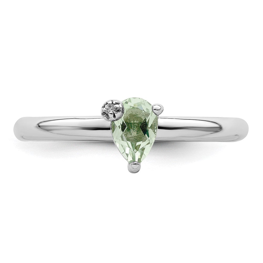 Sterling Silver Rhodium Plated Pear Green Quartz & White Topaz Ring