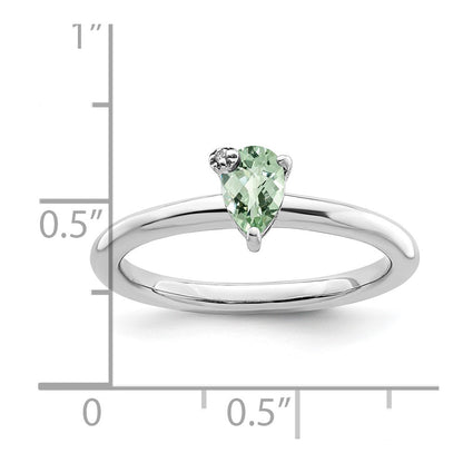 Sterling Silver Rhodium Plated Pear Green Quartz & White Topaz Ring
