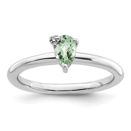 Sterling Silver Rhodium Plated Pear Green Quartz & White Topaz Ring