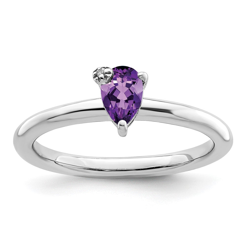 Sterling Silver Rhodium Plated Polished Pear Amethyst & White Topaz Ring