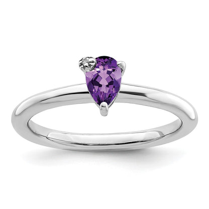 Sterling Silver Rhodium Plated Polished Pear Amethyst & White Topaz Ring