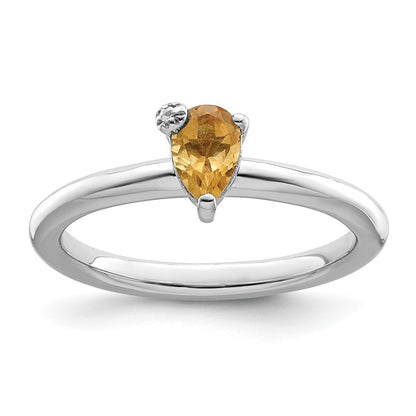 Sterling Silver Rhodium Plated Polished Pear Citrine & White Topaz Ring