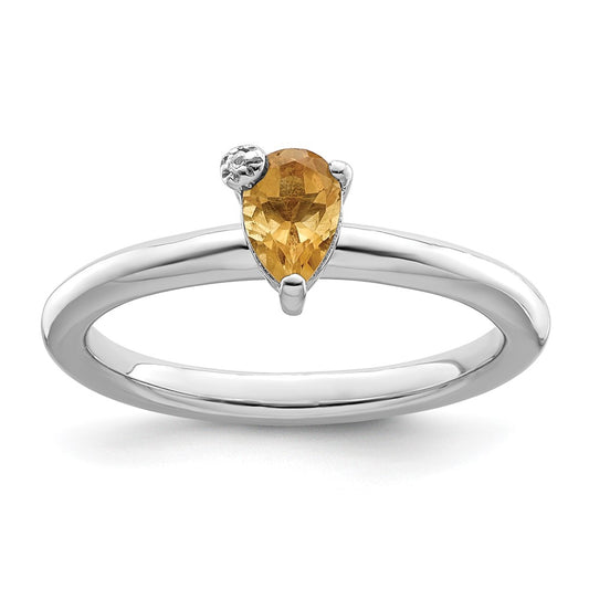 Sterling Silver Rhodium Plated Polished Pear Citrine & White Topaz Ring