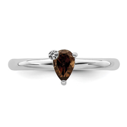 Sterling Silver Rhodium Plated Pear Smoky Quartz & White Topaz Ring