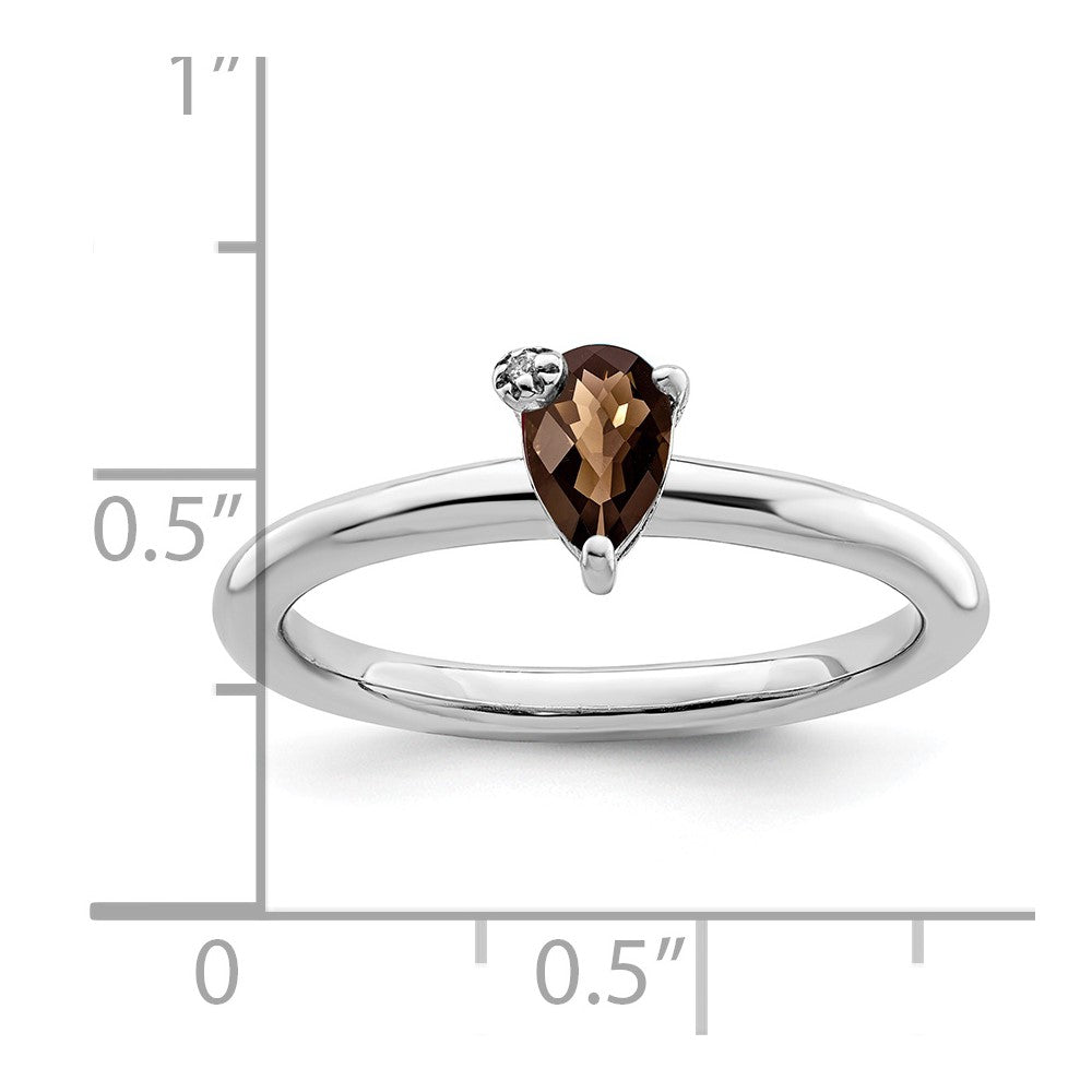 Sterling Silver Rhodium Plated Pear Smoky Quartz & White Topaz Ring