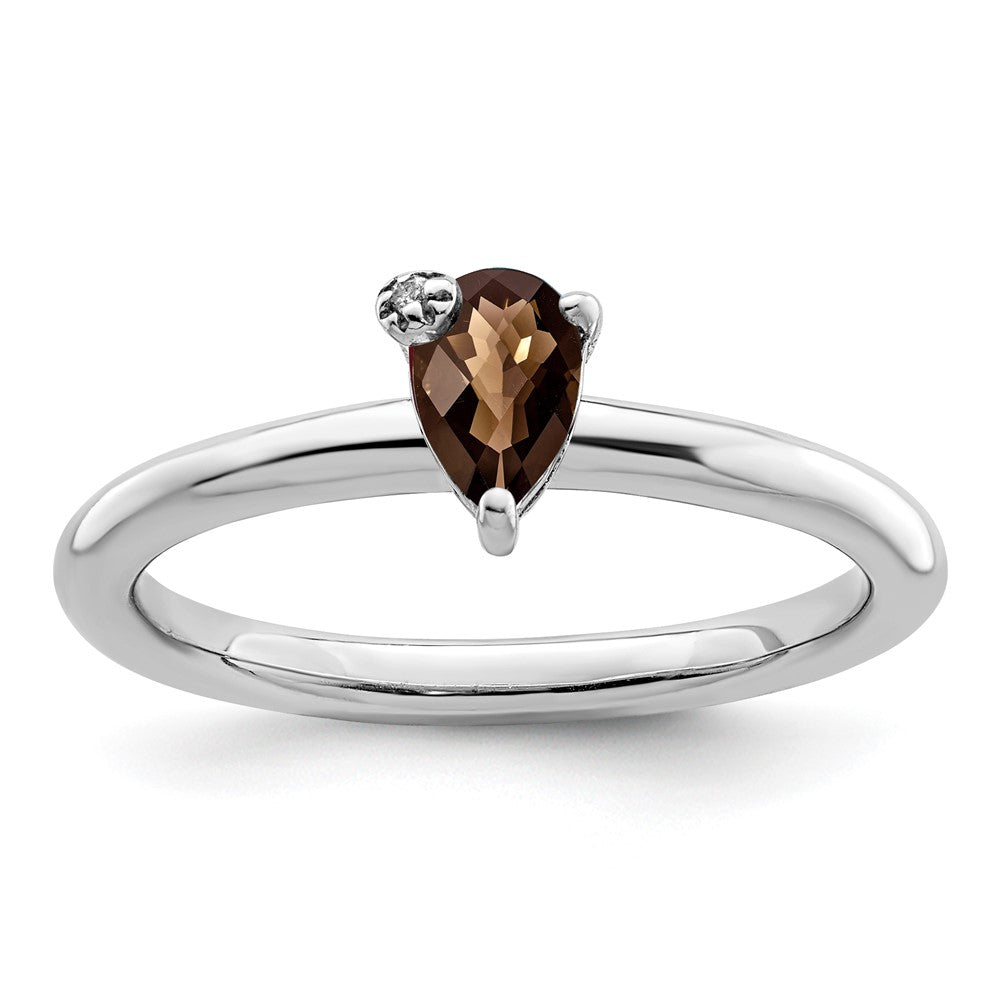 Sterling Silver Rhodium Plated Pear Smoky Quartz & White Topaz Ring
