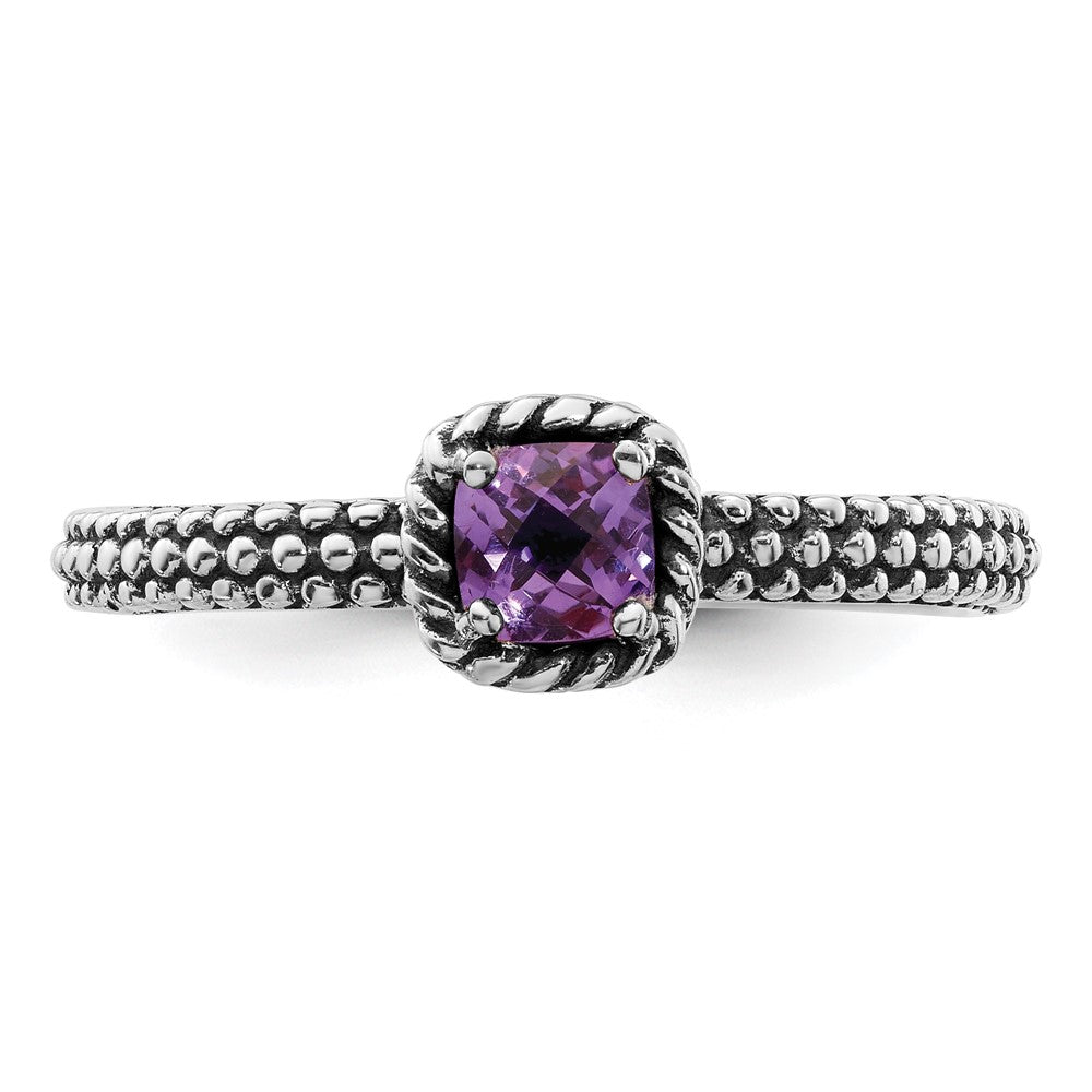 Sterling Silver Stackable Expressions Checker Cut Amethyst Antiqued Ring