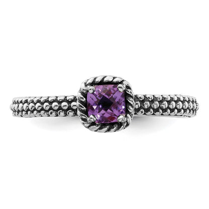 Sterling Silver Stackable Expressions Checker Cut Amethyst Antiqued Ring